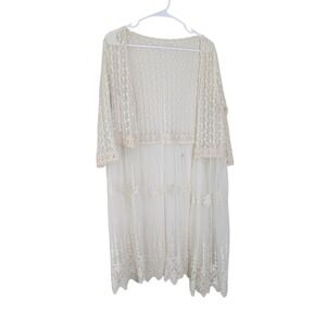 Boho Lace Open Front Cardigan Cream Floral Embroidery Layering Duster